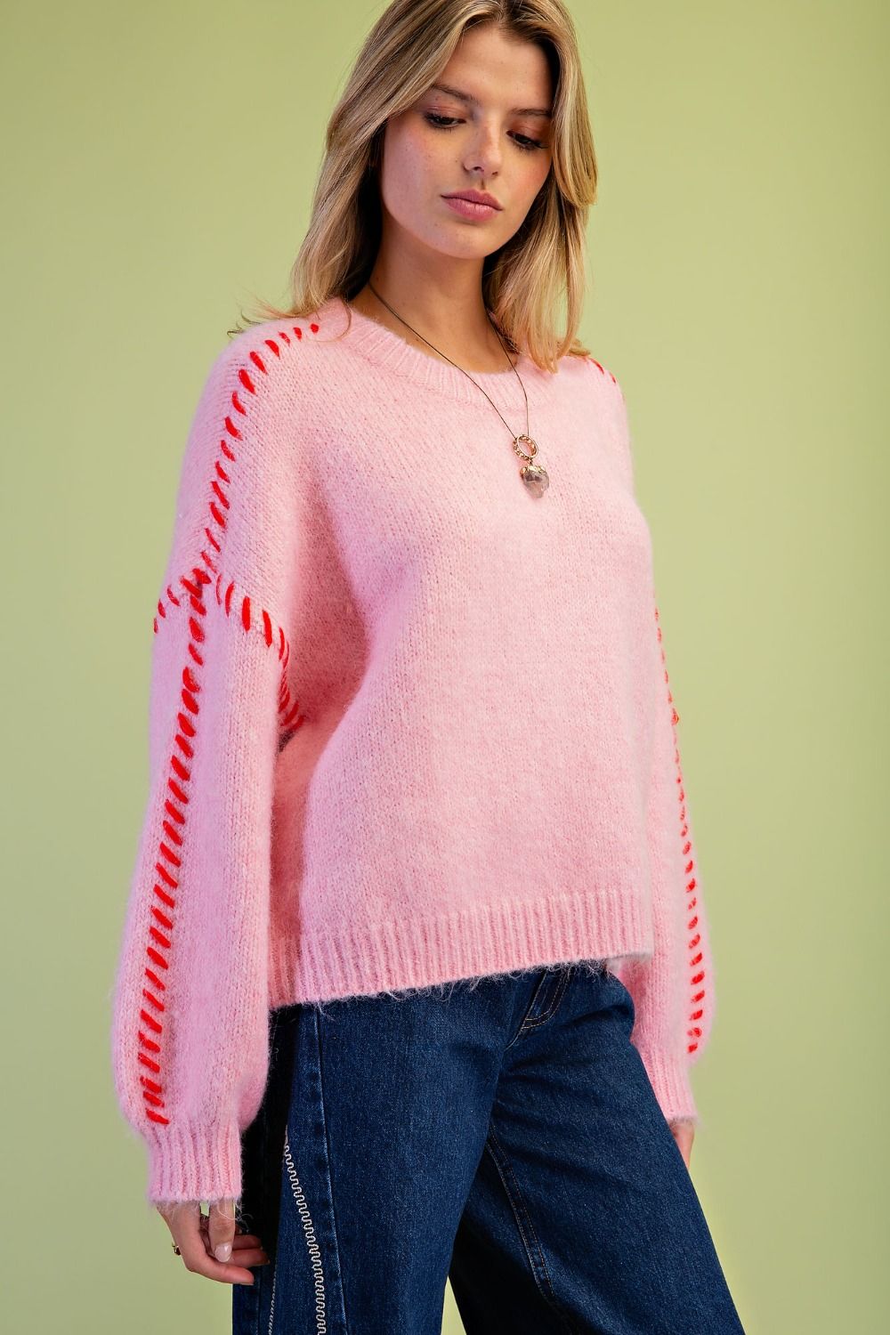 Cotton Candy Pink Fuzzy Knit Sweater with Contrast Whipstitch Detail