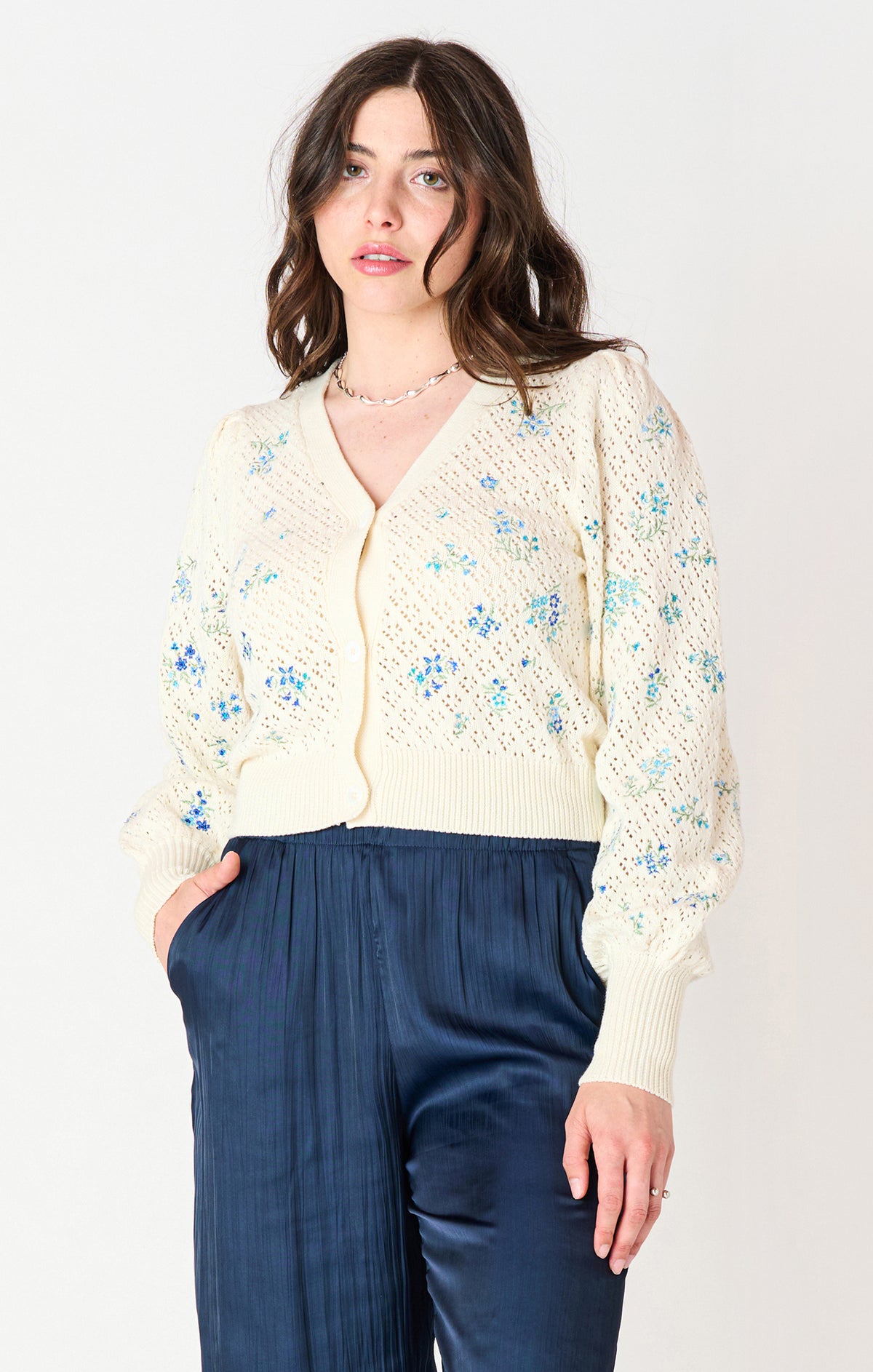 Blue Floral Pointelle Embroidered Cardigan