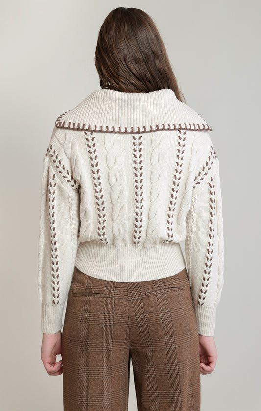 Oatmeal Cable Knit Zip-Up Cardigan | Brown Whipstitch Detail & Spread Collar