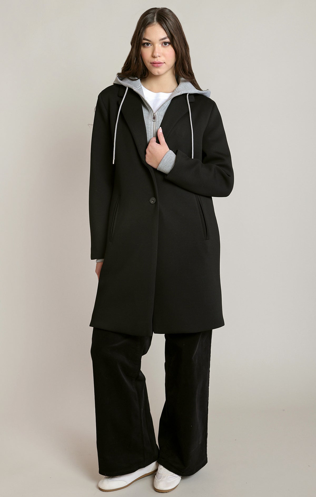 Women’s Black Longline Coat with Grey Hoodie Detail
