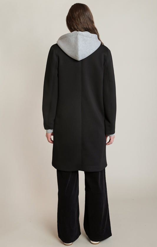 Women’s Black Longline Coat with Grey Hoodie Detail