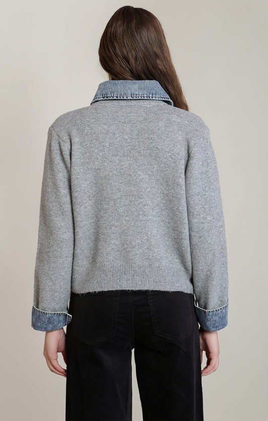 Grey Denim Trim Sweater Shirt | Layered-Look Sweater