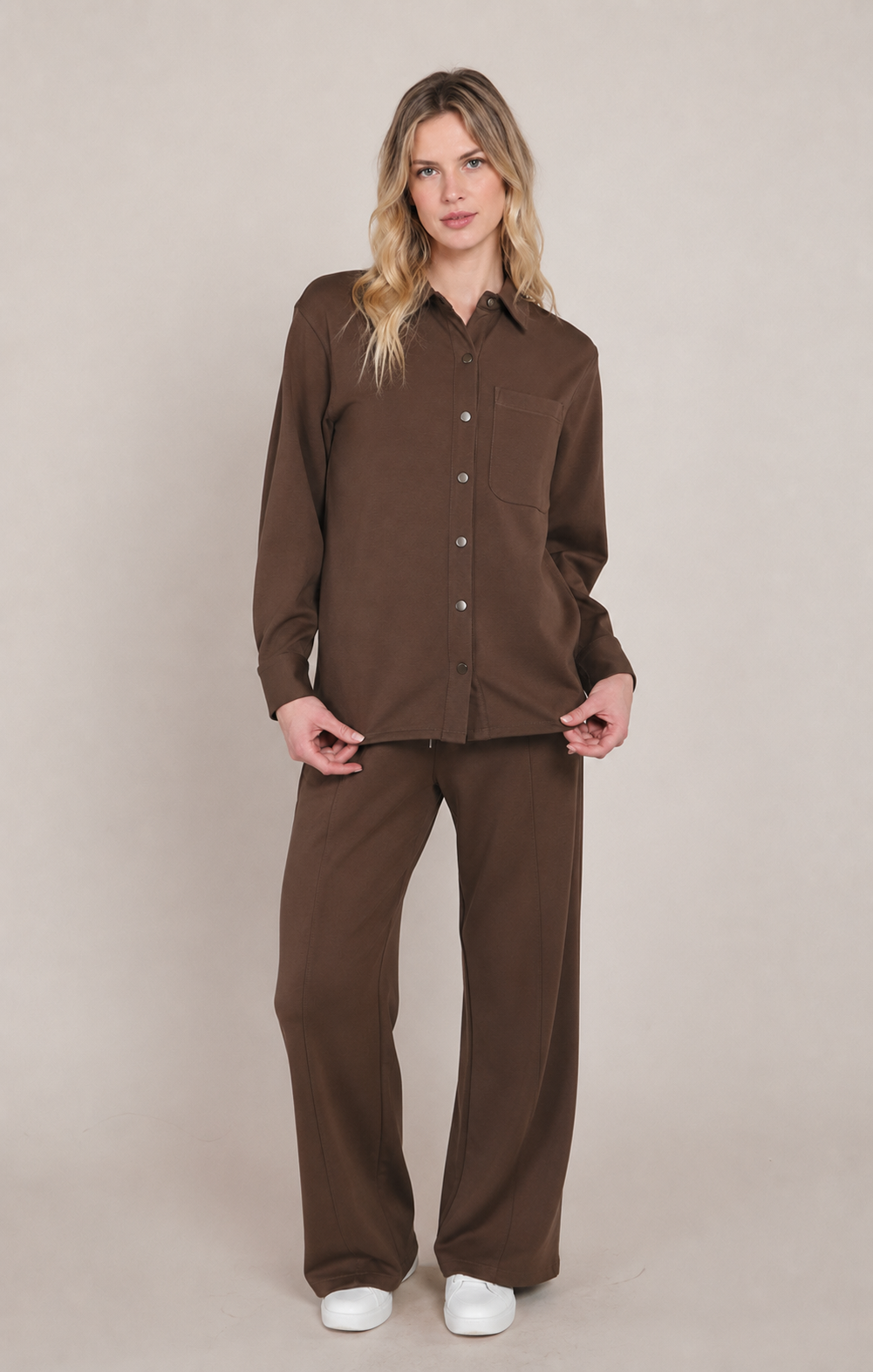 Milk Chocolate Scuba Collared Button-Up Shirt | Women's Long Sleeve Top