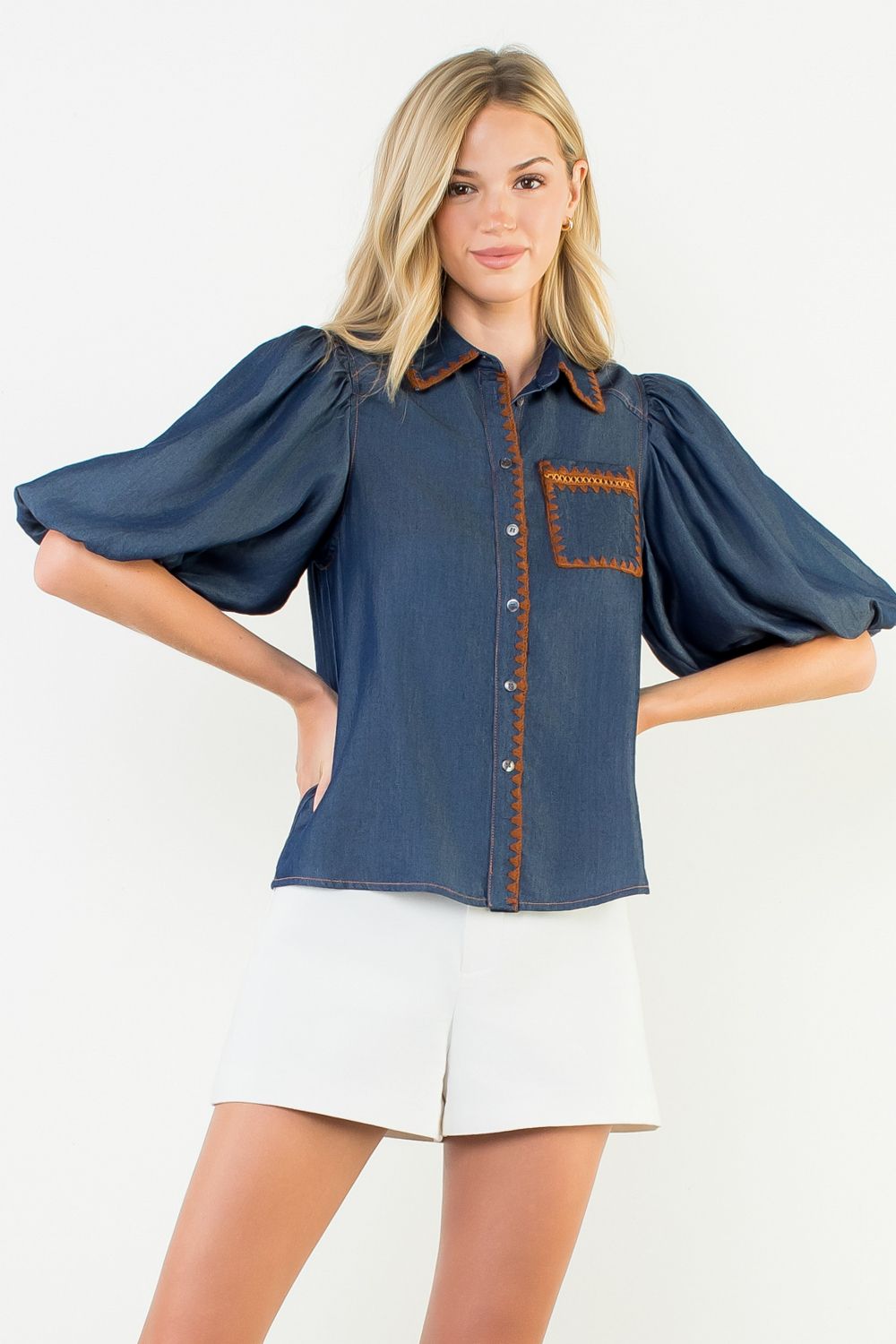 Stitched in Style Puff Sleeve Denim Top