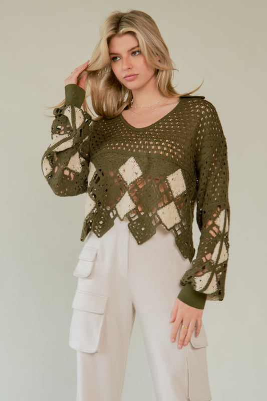 Women's Open Crochet Argyle Sweater | Collared V-Neck Lightweight Cropped Knit Pullover