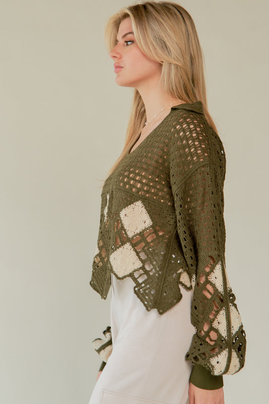 Women's Open Crochet Argyle Sweater | Collared V-Neck Lightweight Cropped Knit Pullover