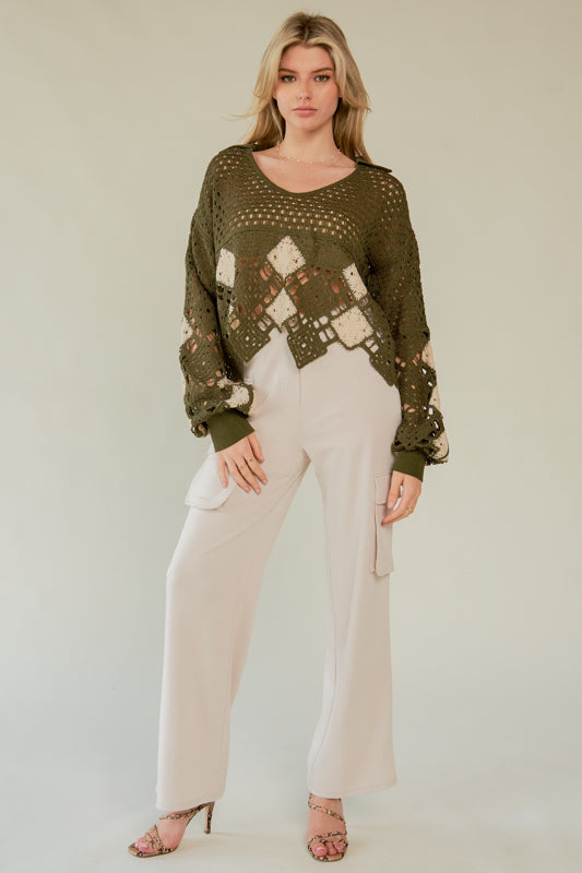Women's Open Crochet Argyle Sweater | Collared V-Neck Lightweight Cropped Knit Pullover