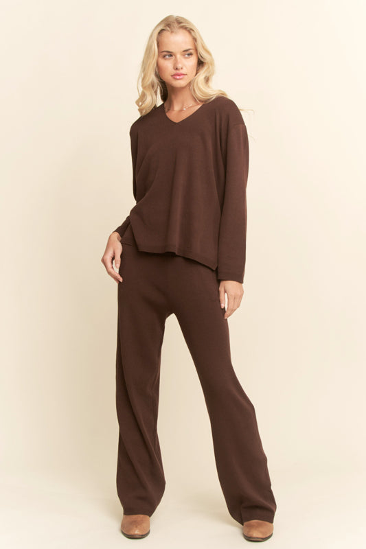 Women's 2-Piece Knit Lounge Set | V-Neck Sweater & Wide-Leg Pants with Pockets