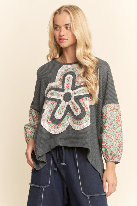 Women's Floral Patchwork Waffle Knit Top | Contrast Balloon Sleeve Relaxed Fit Sweater