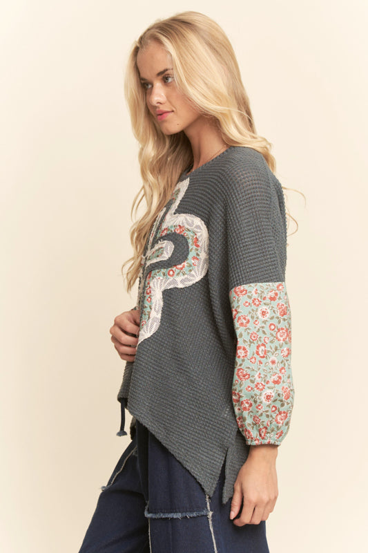Women's Floral Patchwork Waffle Knit Top | Contrast Balloon Sleeve Relaxed Fit Sweater