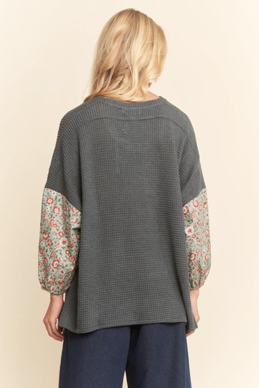 Women's Floral Patchwork Waffle Knit Top | Contrast Balloon Sleeve Relaxed Fit Sweater