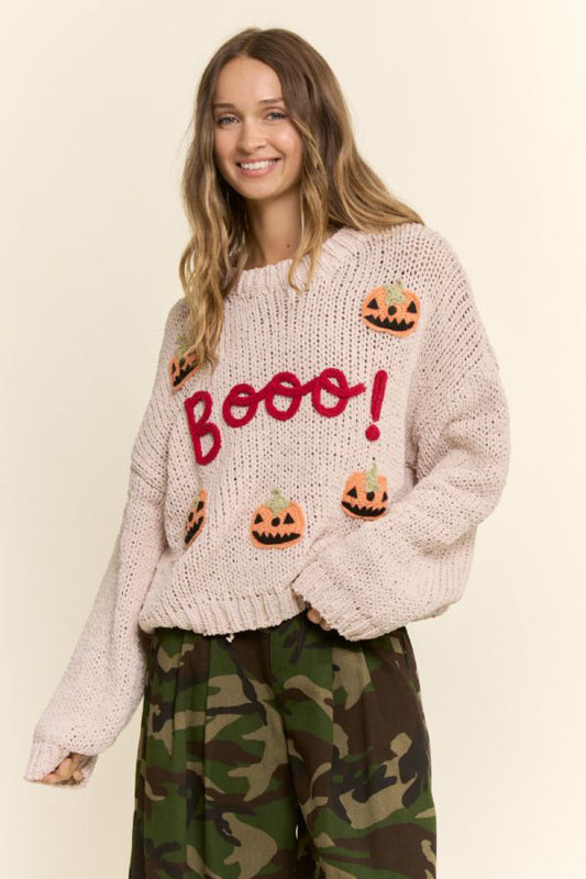 Booo! Pumpkin Halloween Sweater – Chunky Knit Jack-O-Lantern Crewneck Pullover