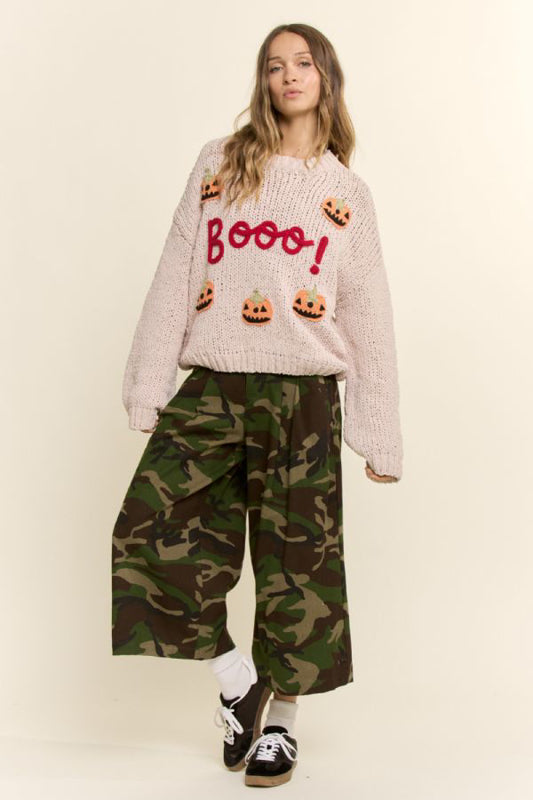 Booo! Pumpkin Halloween Sweater – Chunky Knit Jack-O-Lantern Crewneck Pullover