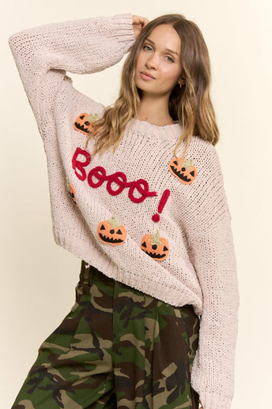 Booo! Pumpkin Halloween Sweater – Chunky Knit Jack-O-Lantern Crewneck Pullover