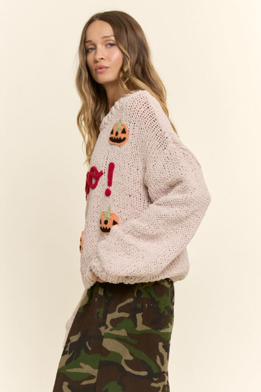 Booo! Pumpkin Halloween Sweater – Chunky Knit Jack-O-Lantern Crewneck Pullover