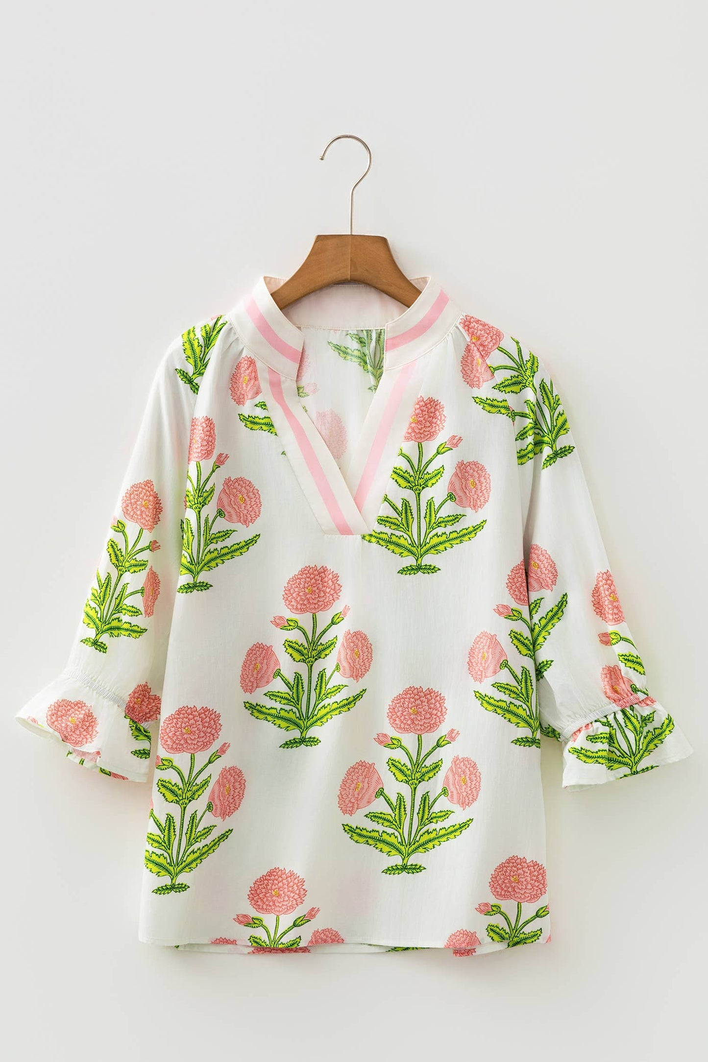 Wildflower Print V-Neck 3/4 Sleeve Blouse – Boho Floral Women’s Top with Relaxed Fit
