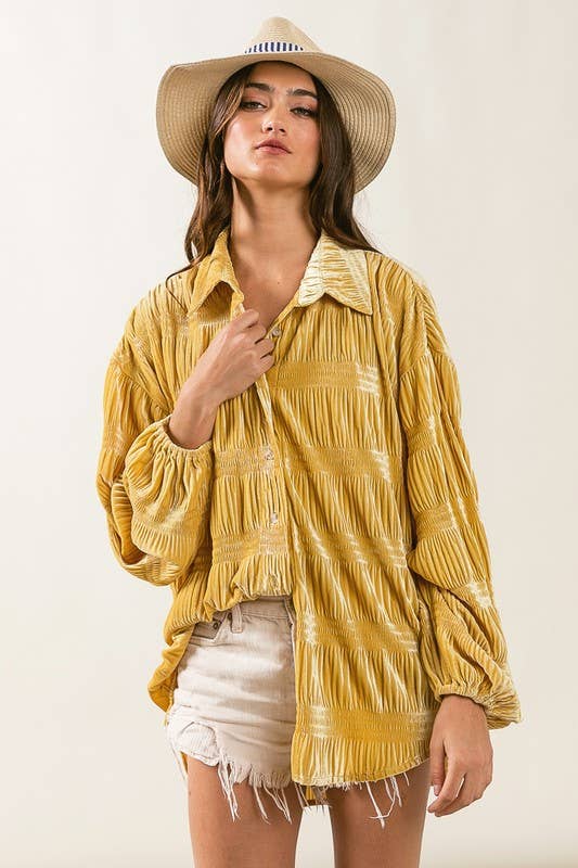 Golden Luxe Wrinkle Effect Velvet Button-Up Shirt with Tiered Shirring