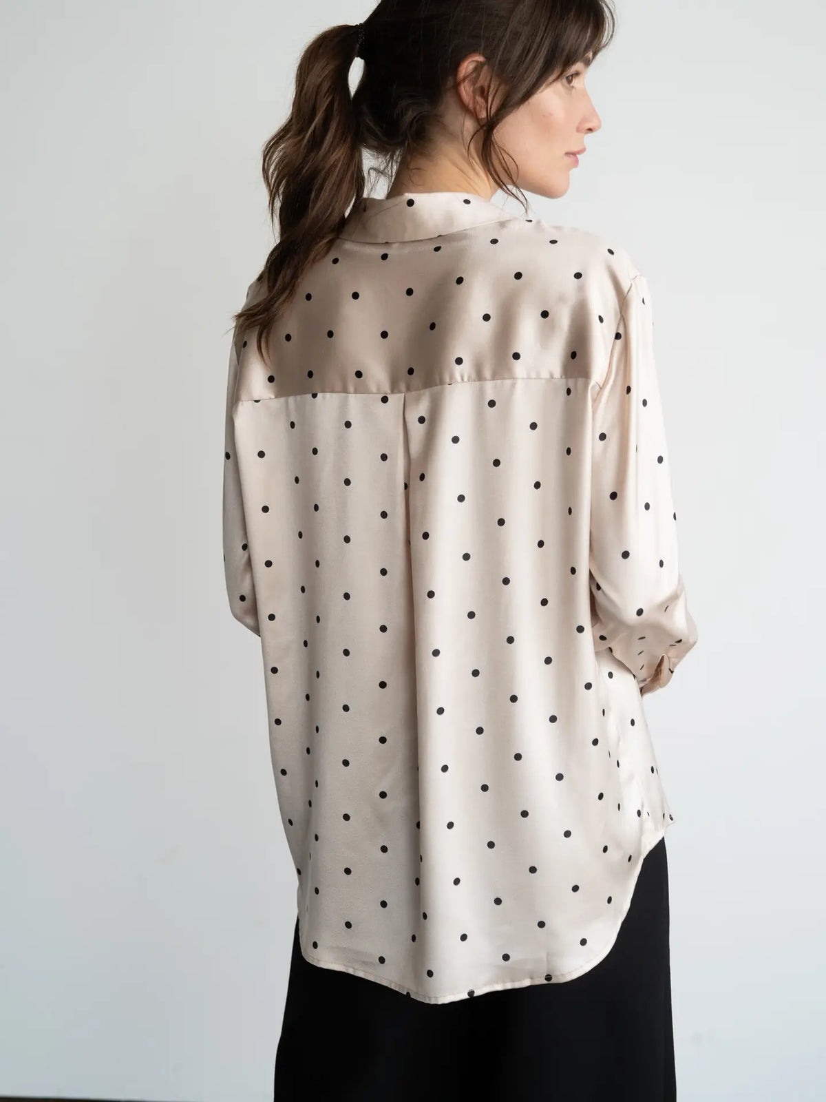 Women's Satin Polka Dot Blouse | Beige & Black Button-Down Long Sleeve Shirt