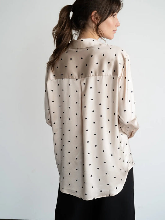 Women's Satin Polka Dot Blouse | Beige & Black Button-Down Long Sleeve Shirt
