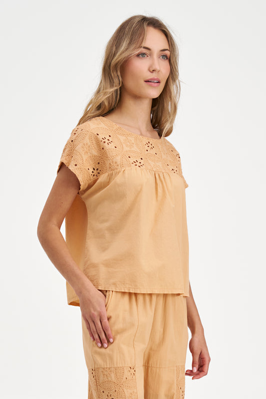 Boho Eyelet Embroidered Yoke Blouse | Relaxed Fit Short Sleeve Top