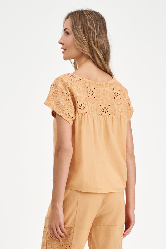 Boho Eyelet Embroidered Yoke Blouse | Relaxed Fit Short Sleeve Top