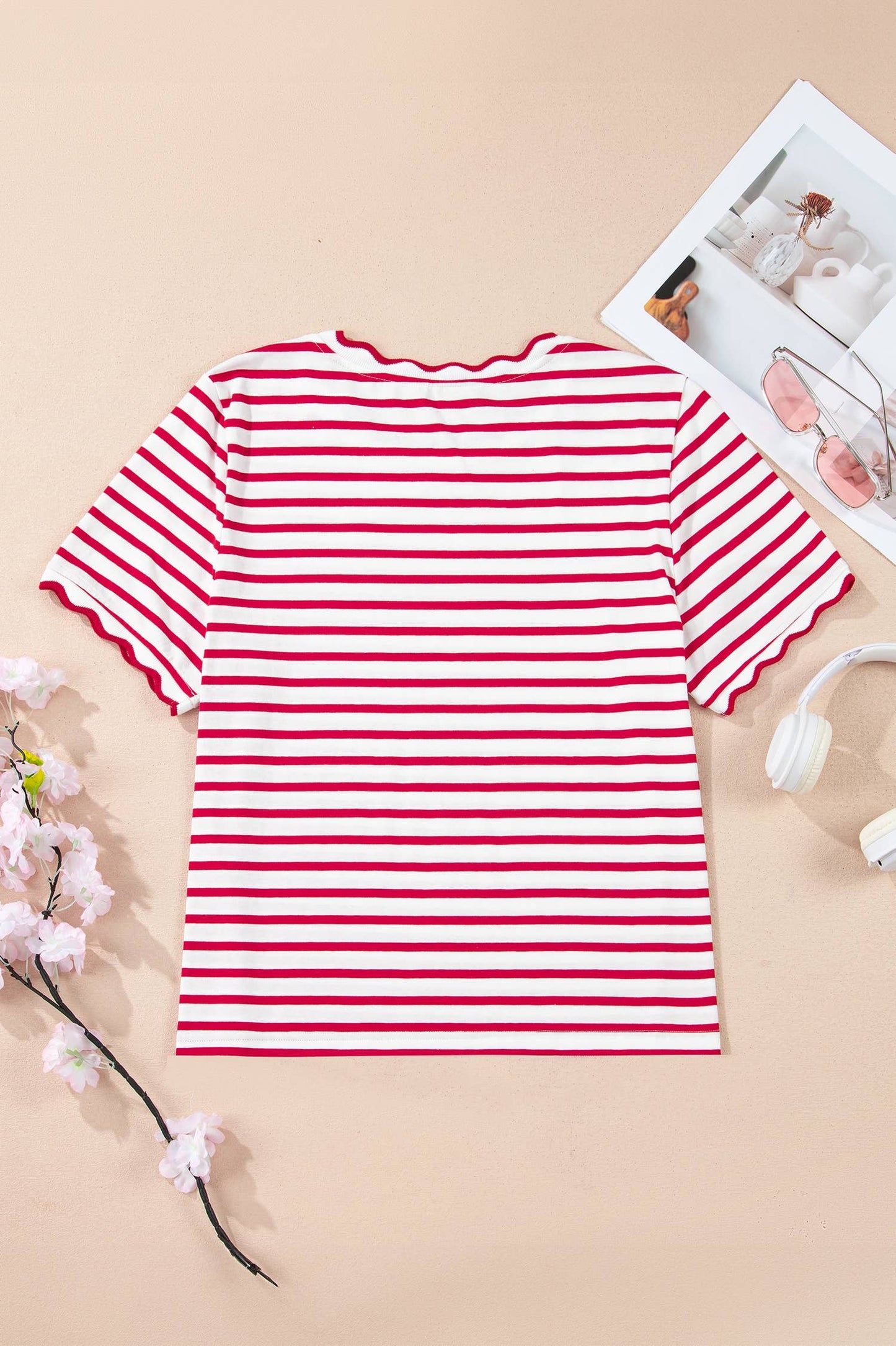Red & White Stripe Scalloped Trim Round Neck T-Shirt