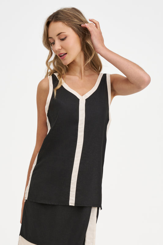 Made in Italy V-Neck Sleeveless Colour Block Top – Flattering Black & White Summer Tank