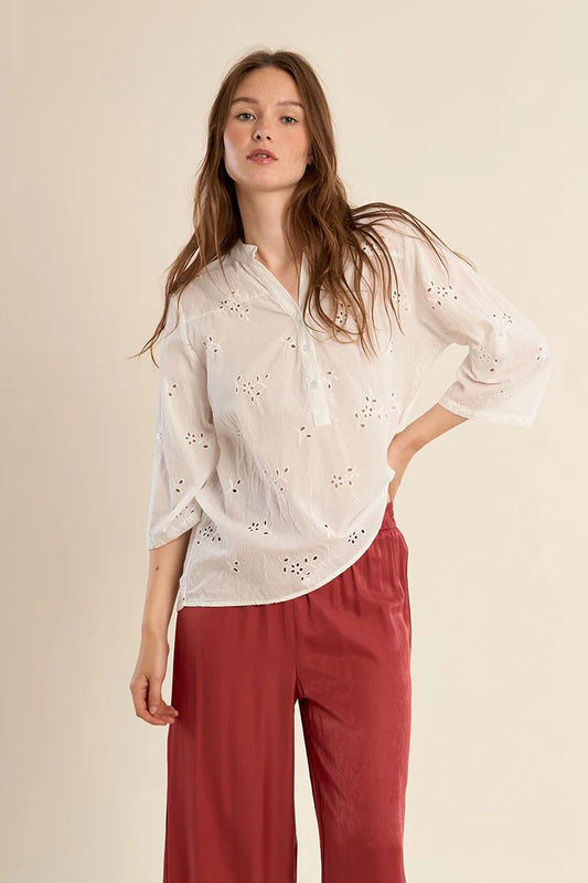 Broderie Anglaise Cotton Blouse – Mandarin Collar Mid-Sleeve Button-Up Top