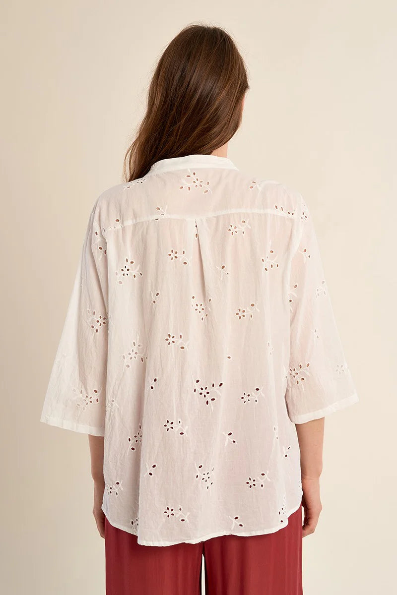 Broderie Anglaise Cotton Blouse – Mandarin Collar Mid-Sleeve Button-Up Top