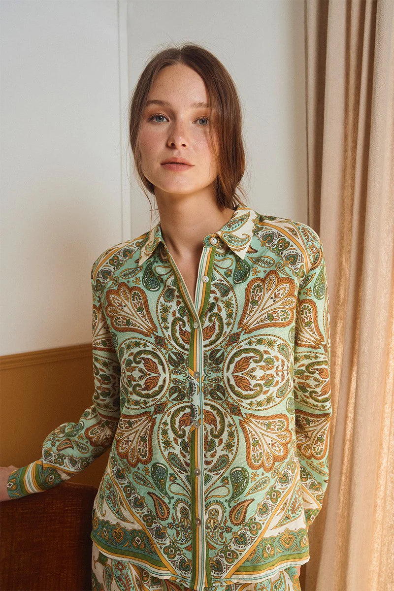 Scarf-Print Satin-Effect Button-Up Shirt – Flattering Long Sleeve Blouse