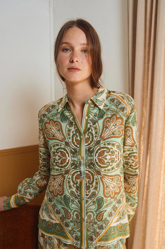 Scarf-Print Satin-Effect Button-Up Shirt – Flattering Long Sleeve Blouse