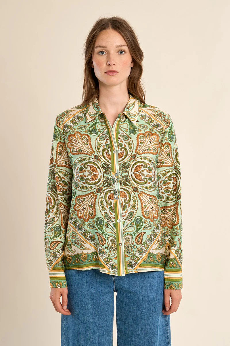 Scarf-Print Satin-Effect Button-Up Shirt – Flattering Long Sleeve Blouse