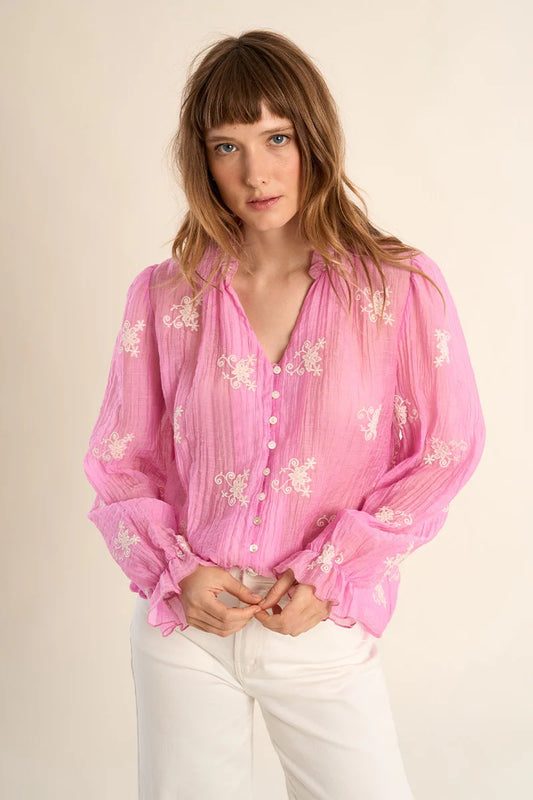 Semi-Sheer Embroidered V-Neck Blouse – Flattering Long Sleeve Button-Up Top