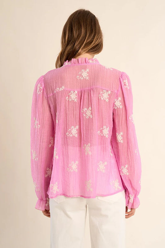 Semi-Sheer Embroidered V-Neck Blouse – Flattering Long Sleeve Button-Up Top