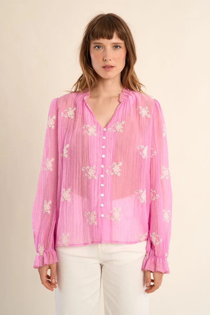 Semi-Sheer Embroidered V-Neck Blouse – Flattering Long Sleeve Button-Up Top