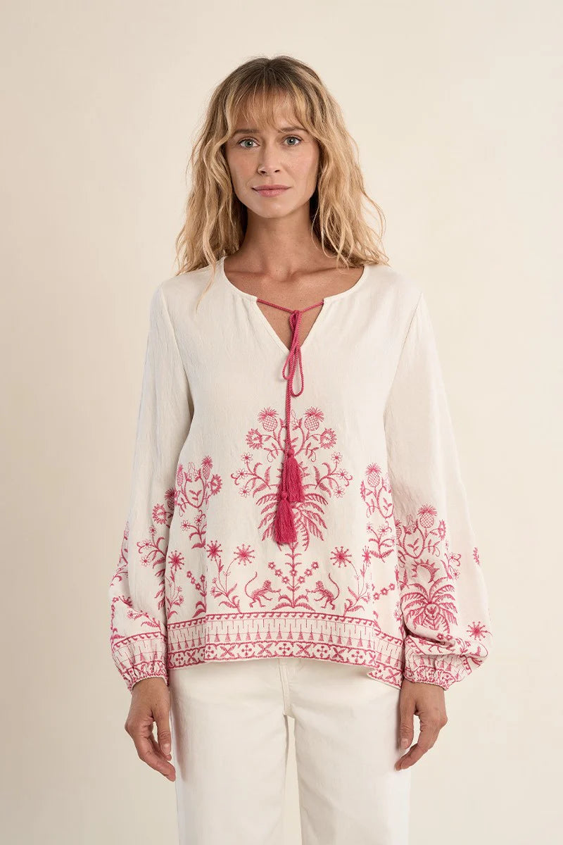 Pink Embroidered Poplin Blouse – Flattering Straight Fit Round Neck Top with Pompom Ties
