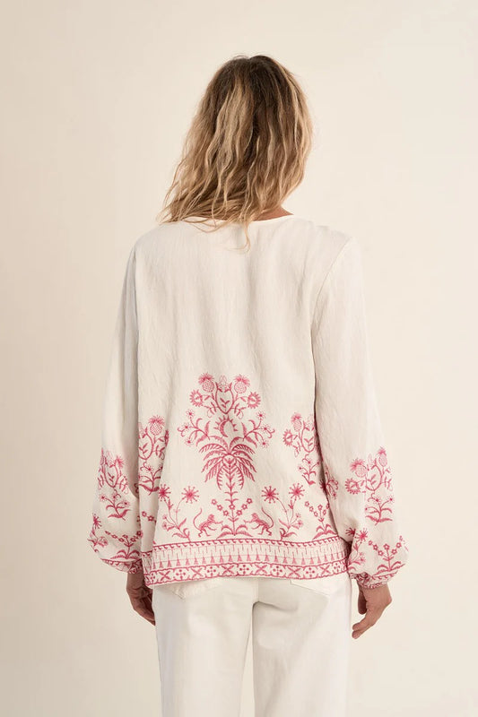 Pink Embroidered Poplin Blouse – Flattering Straight Fit Round Neck Top with Pompom Ties