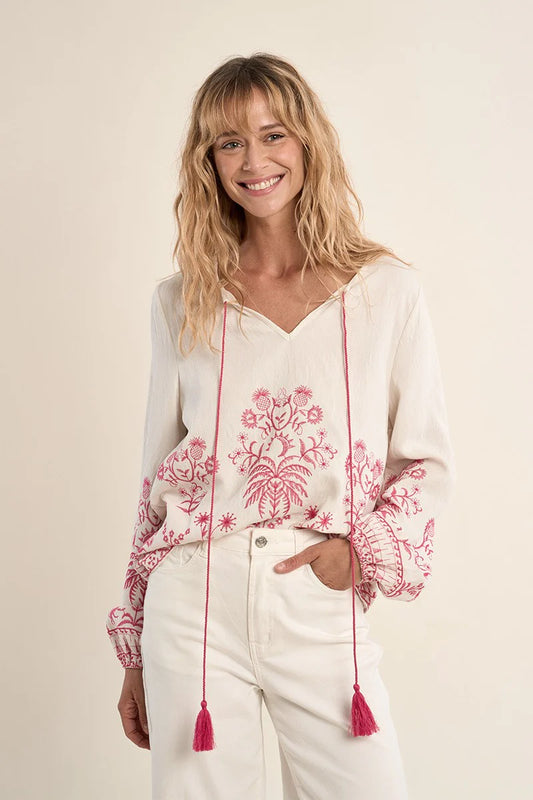 Pink Embroidered Poplin Blouse – Flattering Straight Fit Round Neck Top with Pompom Ties