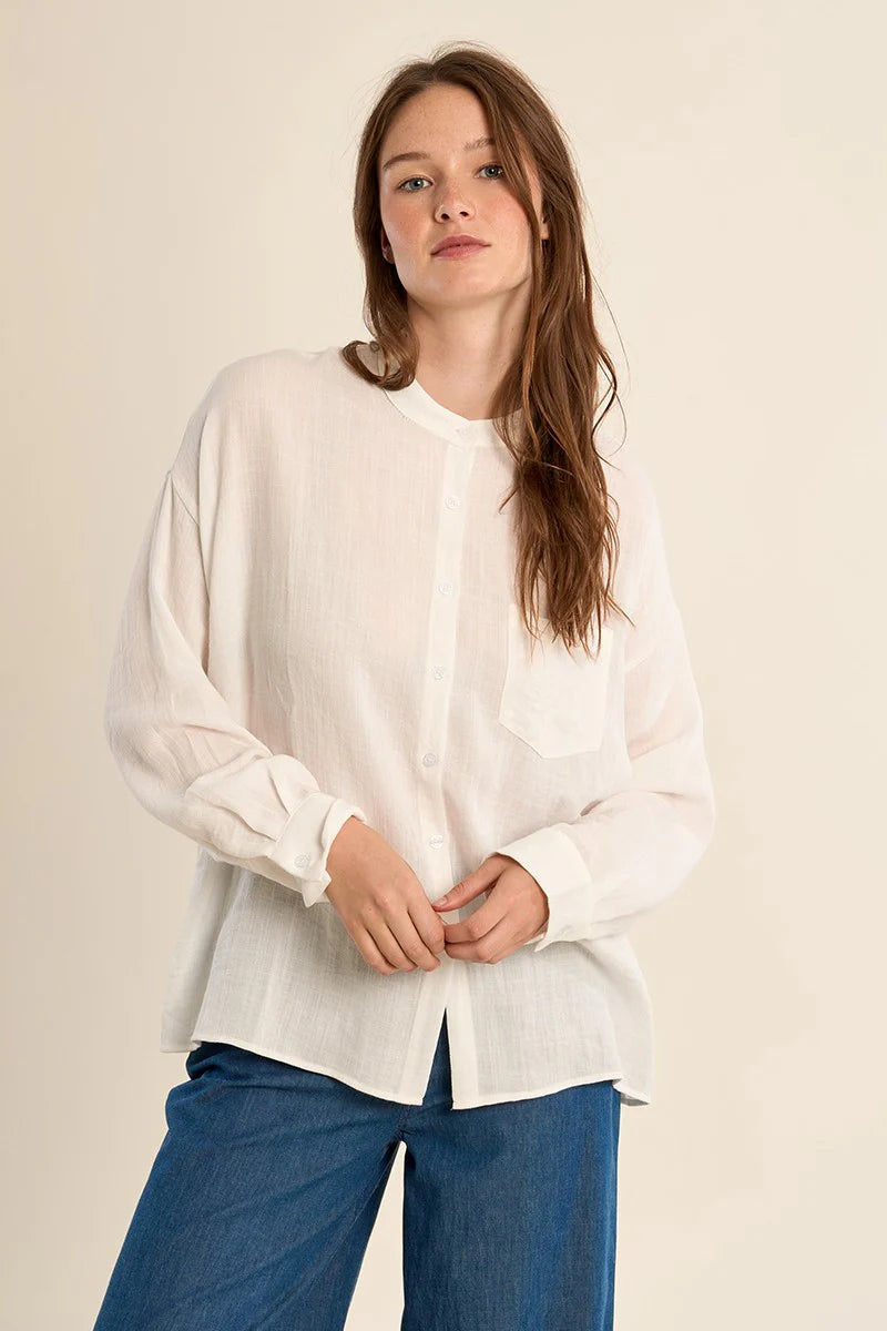 Lace-Back Mandarin Collar Shirt – Flattering Long Sleeve Button-Up Top