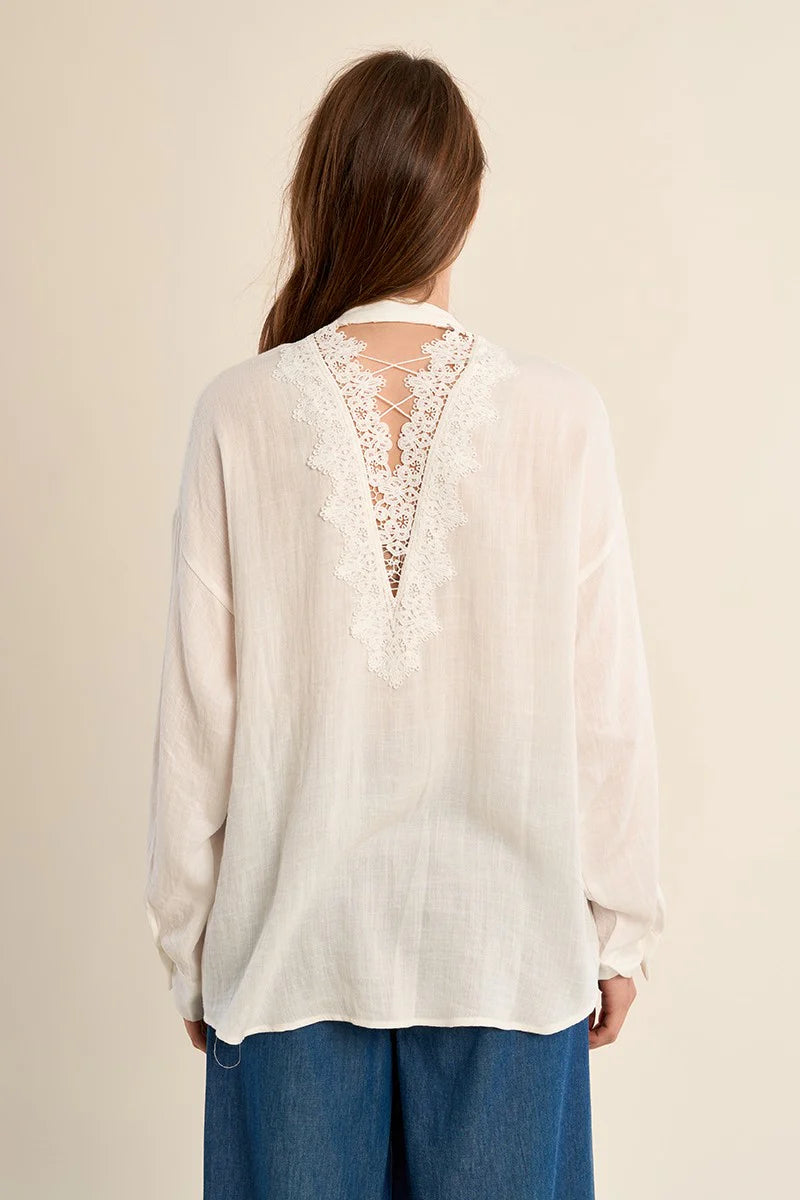 Lace-Back Mandarin Collar Shirt – Flattering Long Sleeve Button-Up Top