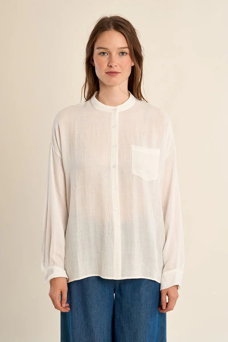 Lace-Back Mandarin Collar Shirt – Flattering Long Sleeve Button-Up Top