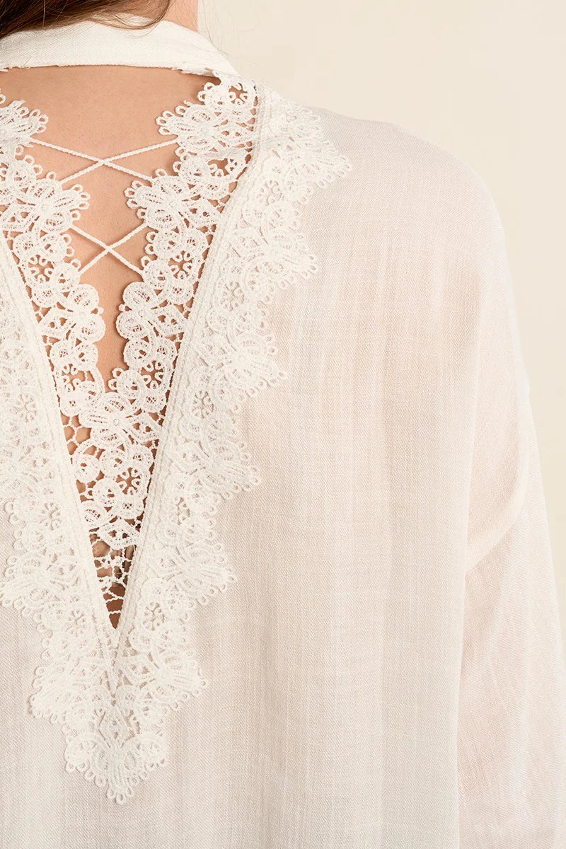 Lace-Back Mandarin Collar Shirt – Flattering Long Sleeve Button-Up Top