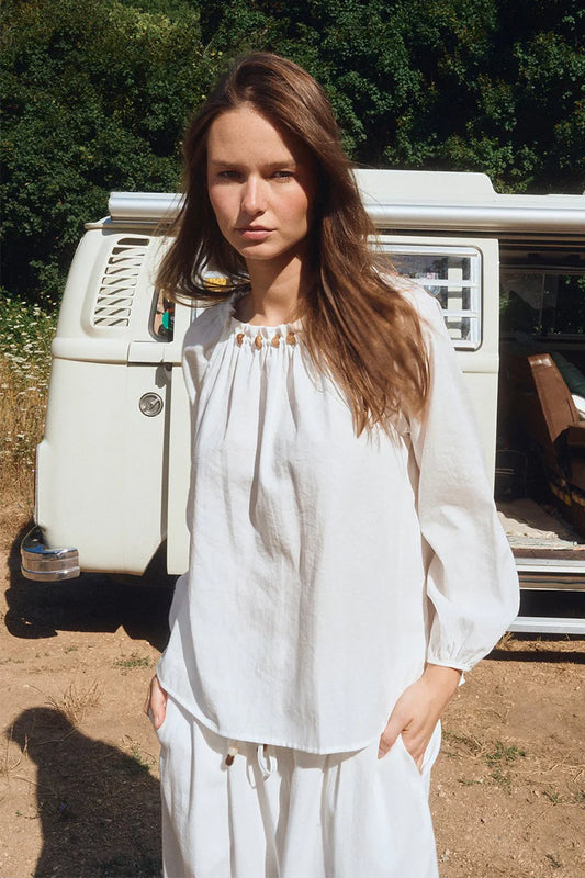 Beaded Puff Sleeve Blouse – Flattering Straight Fit Long Sleeve Top