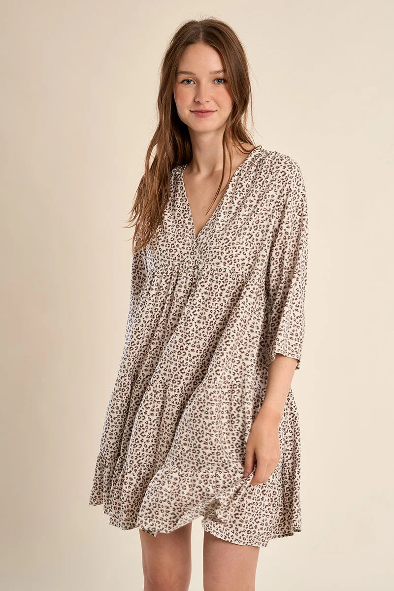 Leopard Print V-Neck Ruffle Dress – Flattering Short Flared Sleeve Dress