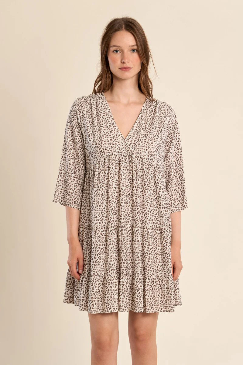 Leopard Print V-Neck Ruffle Dress – Flattering Short Flared Sleeve Dress