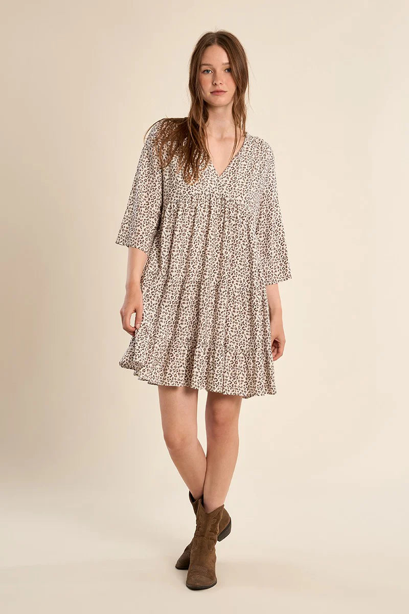Leopard Print V-Neck Ruffle Dress – Flattering Short Flared Sleeve Dress