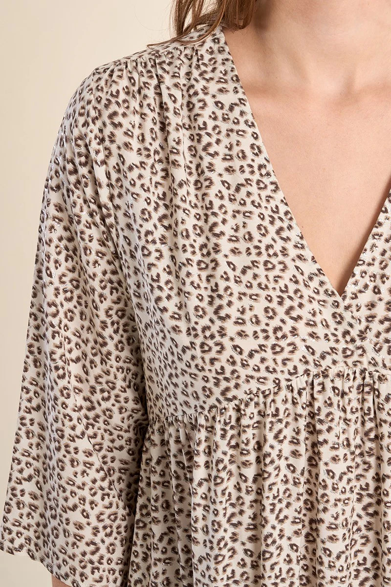 Leopard Print V-Neck Ruffle Dress – Flattering Short Flared Sleeve Dress