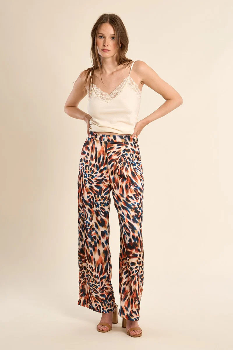 High Waist Printed Straight Leg Trousers with Side Pockets