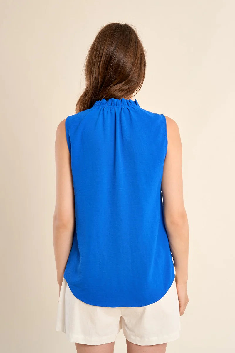 Sleeveless Ruffle Collar Blouse with Full Button Front Closure