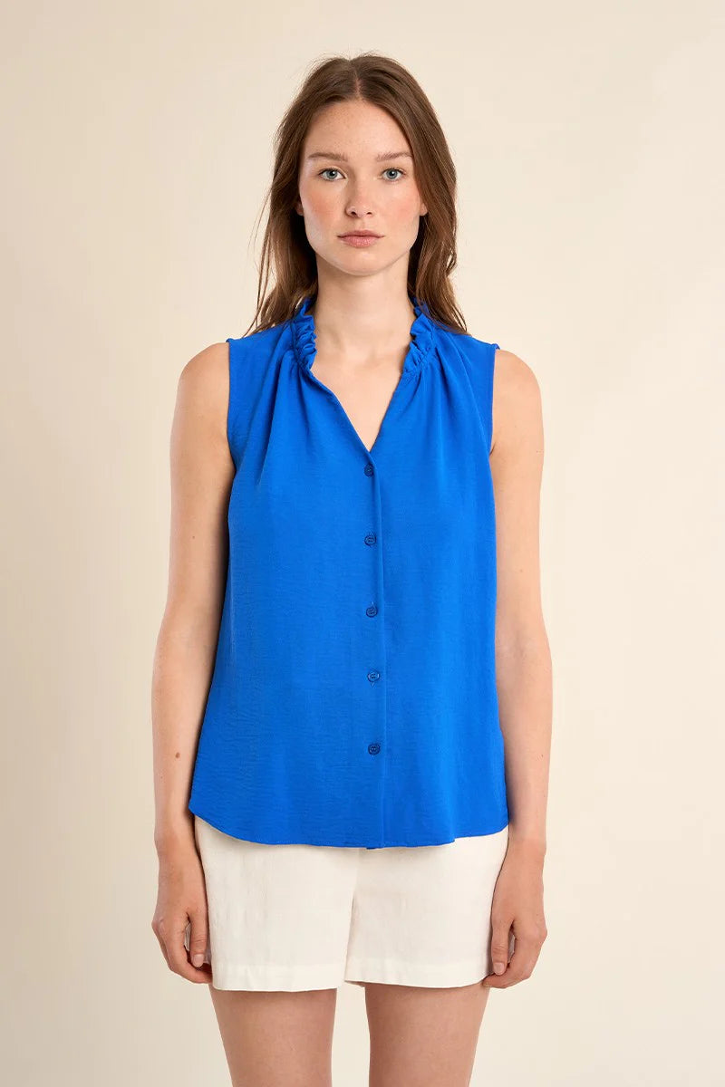 Sleeveless Ruffle Collar Blouse with Full Button Front Closure